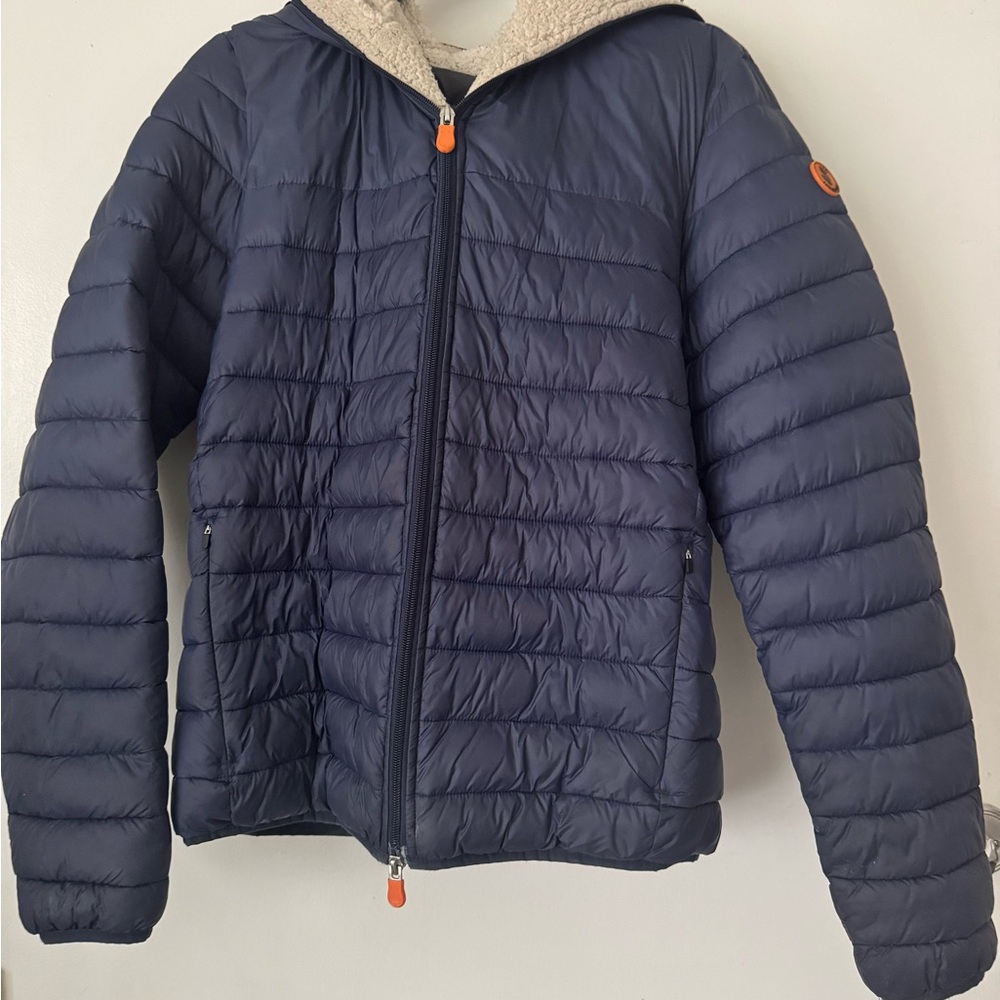 SAVE THE DUCK Navy Puffer Jacket with Sherpa Hood Trim